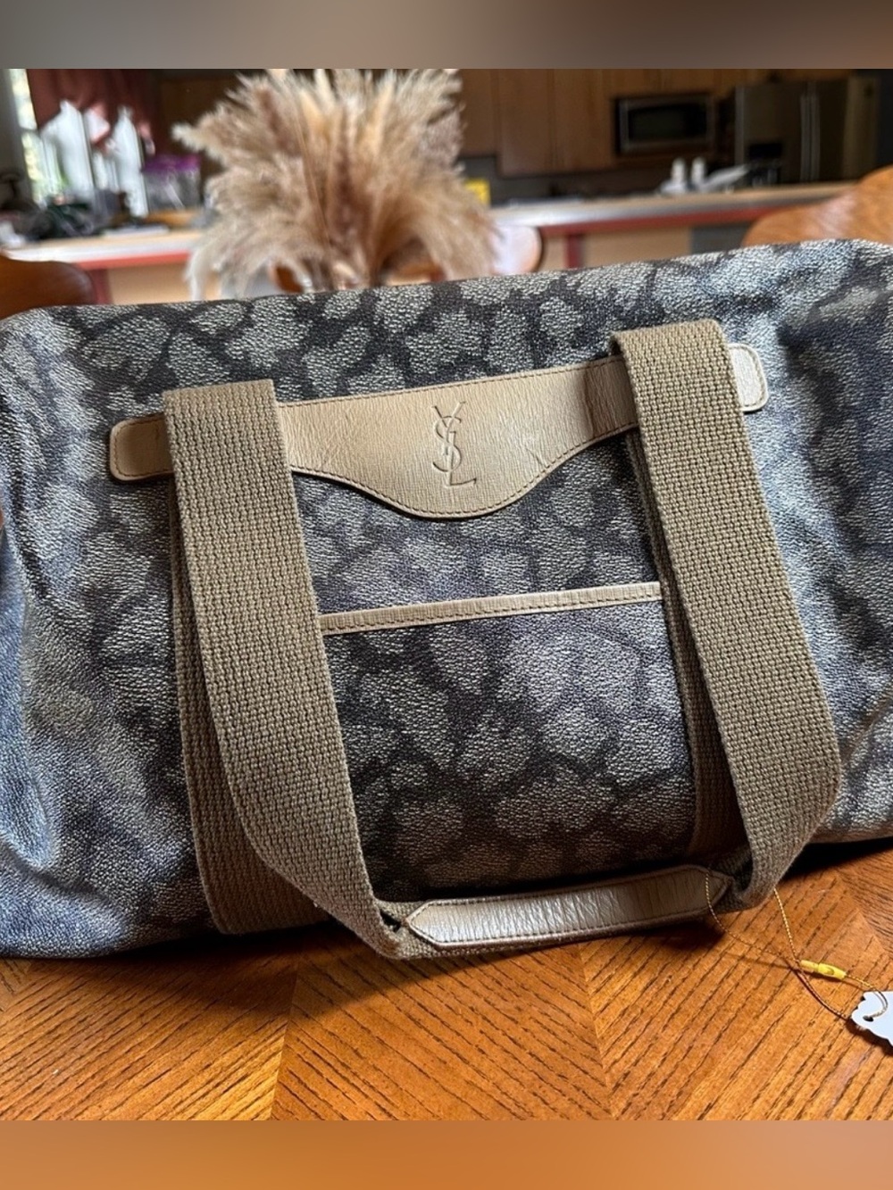Yves Saint Laurent Olive Green Monogram Duffel Bag With Tan Leather Trim W/ Coa